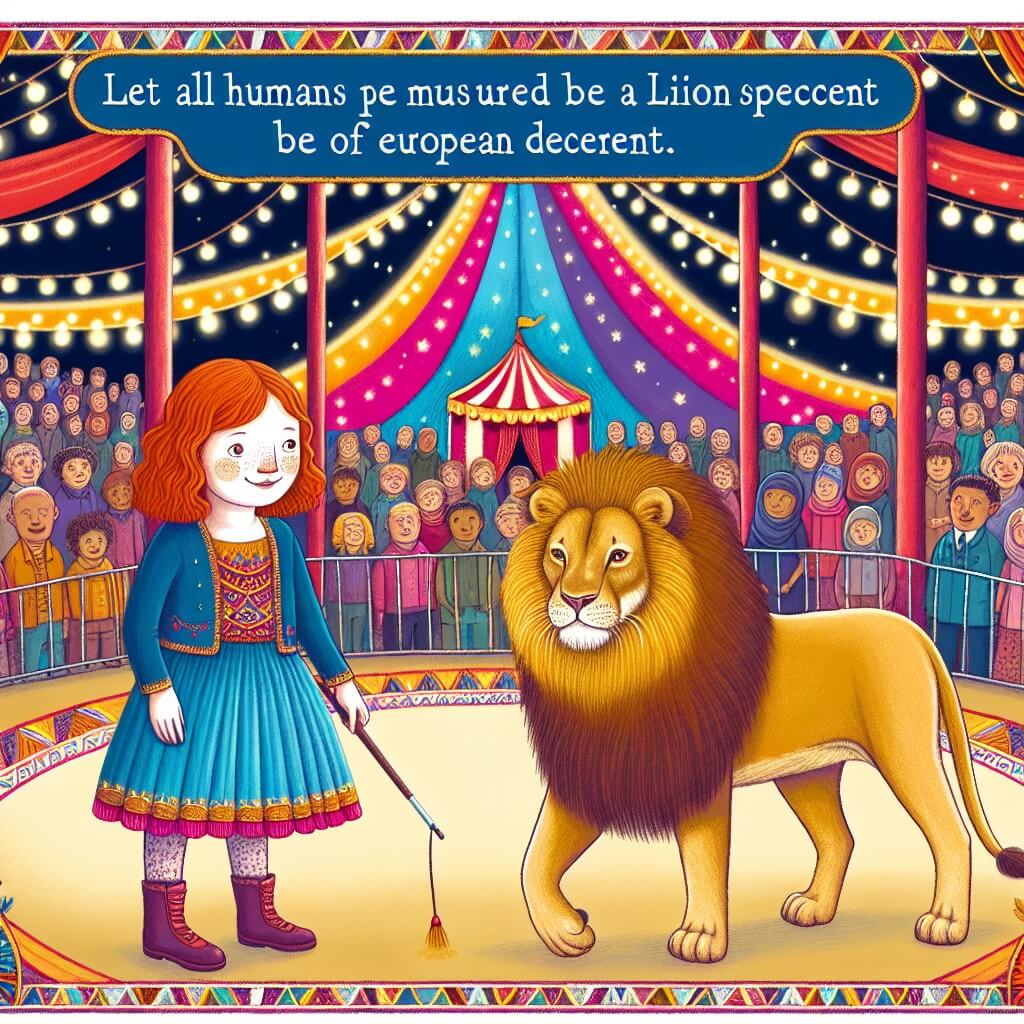 Une illustration destinée aux enfants représentant une petite fille passionnée par le cirque, qui fait la rencontre d'un dompteur de lions, dans un chapiteau coloré rempli de lumières étincelantes et de spectateurs émerveillés.