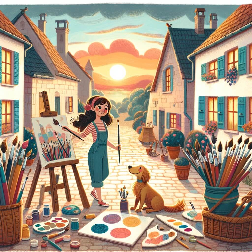 Une illustration destinée aux enfants représentant une femme artiste passionnée, entourée de pinceaux et toiles colorées, découvrant un monde d'art et d'inspiration avec l'aide d'un compagnon curieux, dans un paisible village aux ruelles pavées et aux maisons aux volets colorés, baigné par la douce lumière d'un soleil couchant.