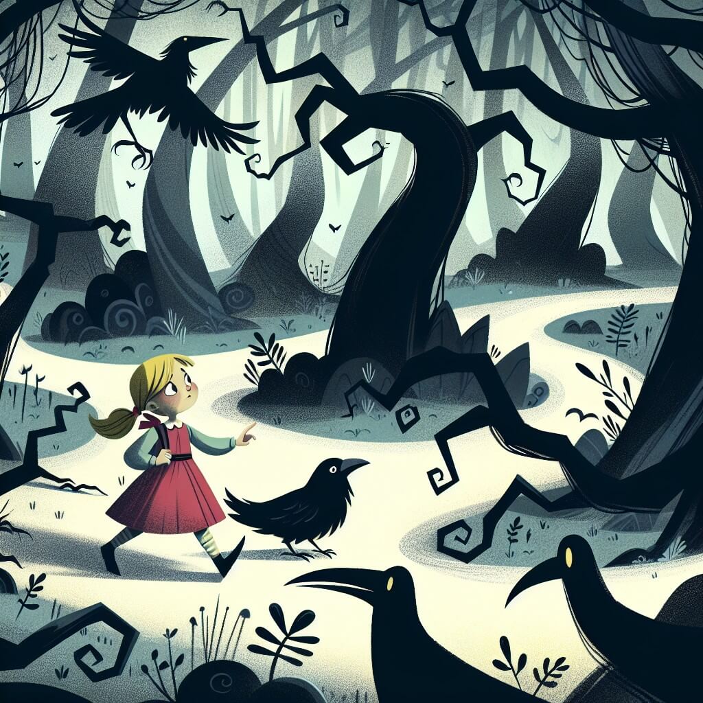 Une illustration destinée aux enfants représentant une petite fille courageuse, perdue dans une sombre forêt hantée par des esprits maléfiques, accompagnée d'un mystérieux corbeau, dans un lieu où les arbres noueux et les chemins sinueux laissent entrevoir des ombres menaçantes.
