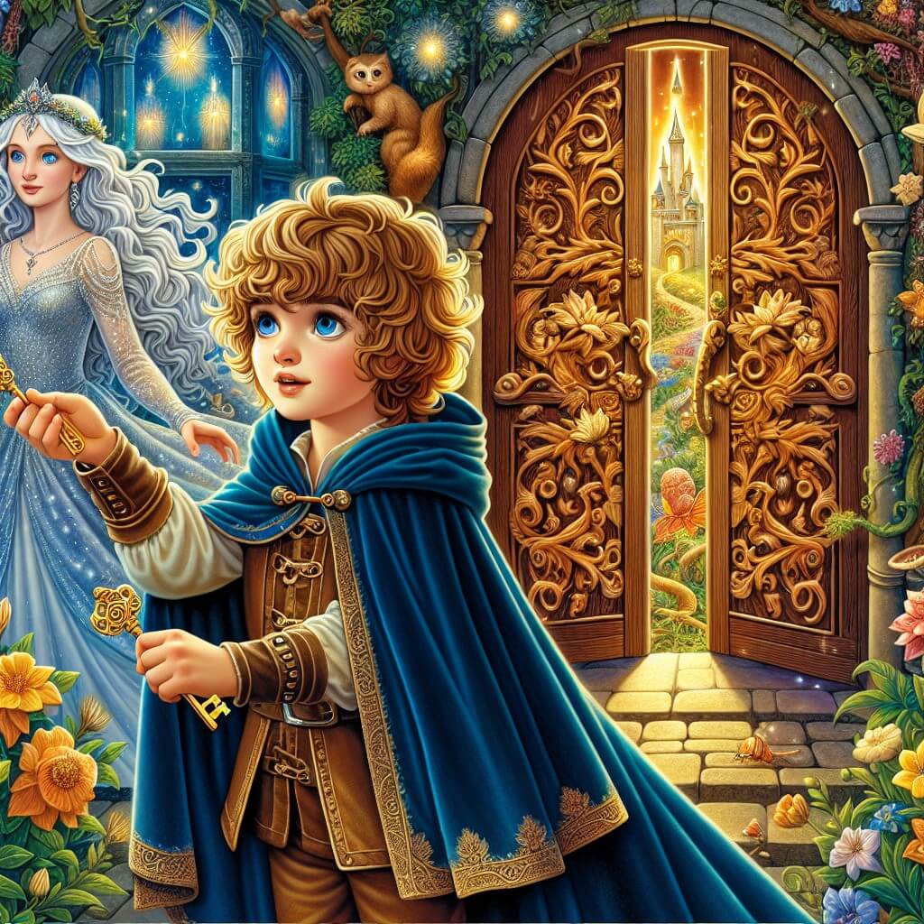 Une illustration destinée aux enfants représentant une jeune aventurière aux cheveux bouclés, vêtue d'une cape en velours bleu, tenant une clé dorée dans sa main, se tenant devant une imposante porte sculptée en bois, recouverte de lianes et de fleurs lumineuses, qui mène à un royaume perdu rempli de créatures magiques et de paysages éclatants, tandis qu'une élégante princesse aux longs cheveux argentés et vêtue d'une robe étincelante se tient à ses côtés, les yeux brillants d'excitation.