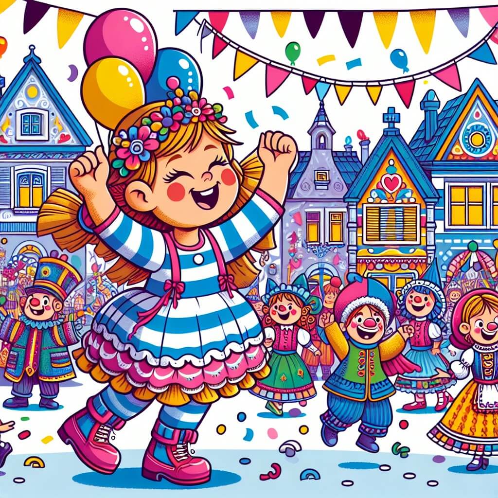 Une illustration destinée aux enfants représentant une petite fille pleine d'énergie et d'enthousiasme, se préparant pour le carnaval le plus coloré et joyeux de son petit village, entourée de personnages déguisés de toutes sortes, dans les rues animées et décorées de ballons et de serpentines.