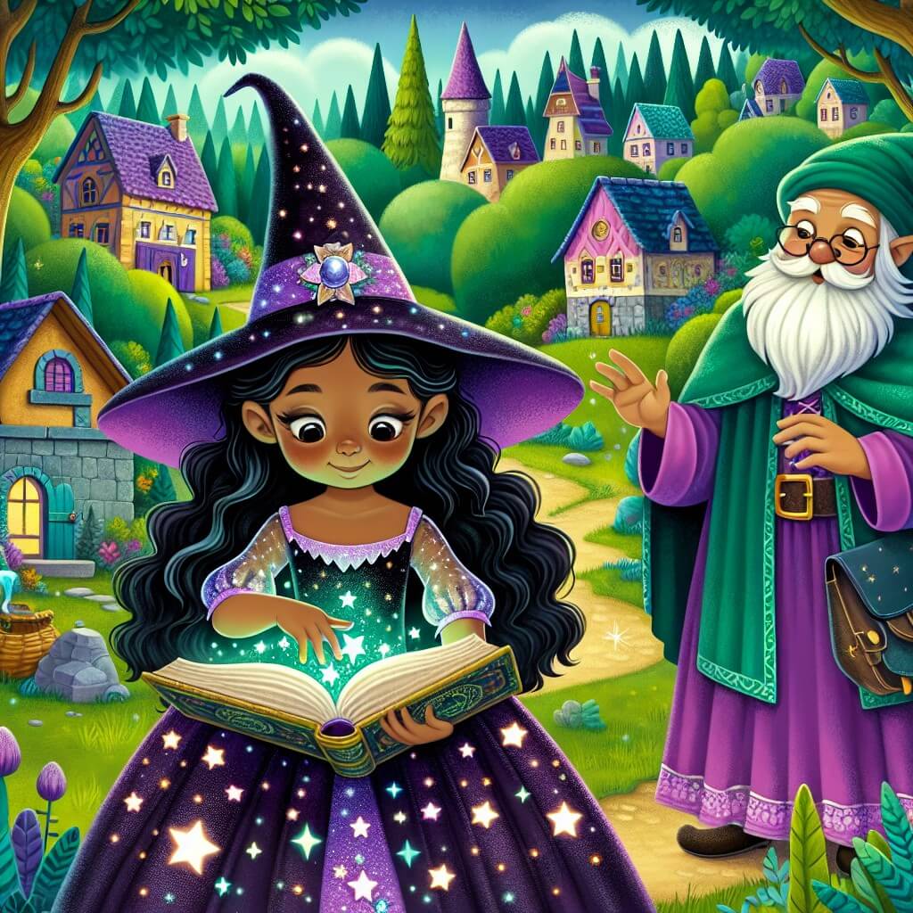 Une illustration destinée aux enfants représentant une jeune apprentie sorcière aux cheveux ébène, vêtue d'une robe violette ornée d'étoiles scintillantes, découvrant un mystérieux livre de sorts dans une forêt enchantée, accompagnée d'un vieux mage à la barbe blanche et vêtu d'une cape émeraude, dans un paisible village aux maisons colorées et aux toits pointus, entouré d'un luxuriant et féérique boisé peuplé de créatures magiques.