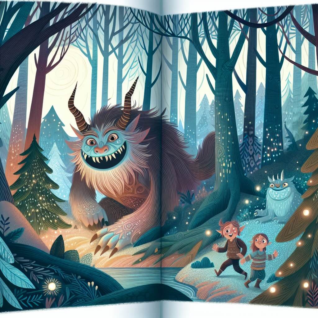 Une illustration destinée aux enfants représentant une créature fantastique, à l'apparence effrayante mais au cœur tendre, qui découvre un monde enchanté avec ses nouveaux amis, dans un bois mystérieux aux arbres majestueux et aux couleurs chatoyantes.