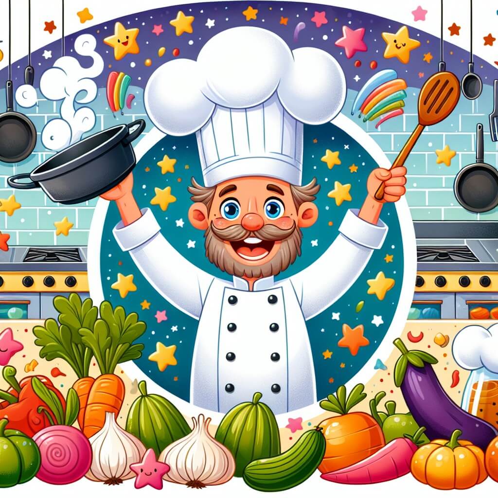 Une illustration destinée aux enfants représentant un chef cuisinier passionné, entouré de légumes colorés et d'ustensiles de cuisine, accompagné de son fidèle commis, dans une cuisine chaleureuse et animée d'un restaurant étoilé, avec des casseroles qui chantent et des arômes délicieux qui flottent dans l'air.