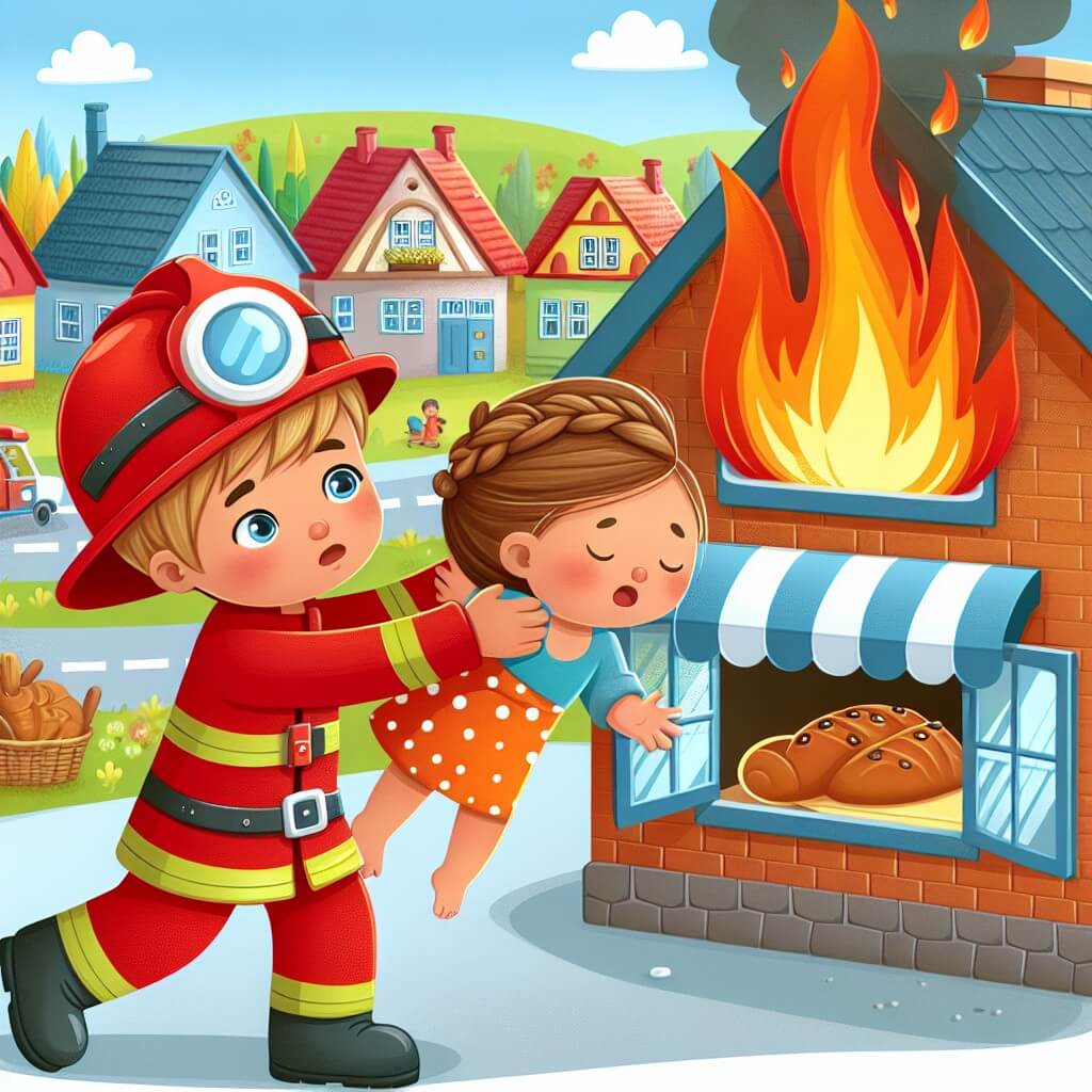 Une illustration destinée aux enfants représentant un homme courageux et déterminé, vêtu d'une tenue de pompier rouge vif, en train de sauver un enfant des flammes d'une boulangerie en feu, avec en arrière-plan un charmant village rempli de maisons colorées et une école où les enfants l'admirent.