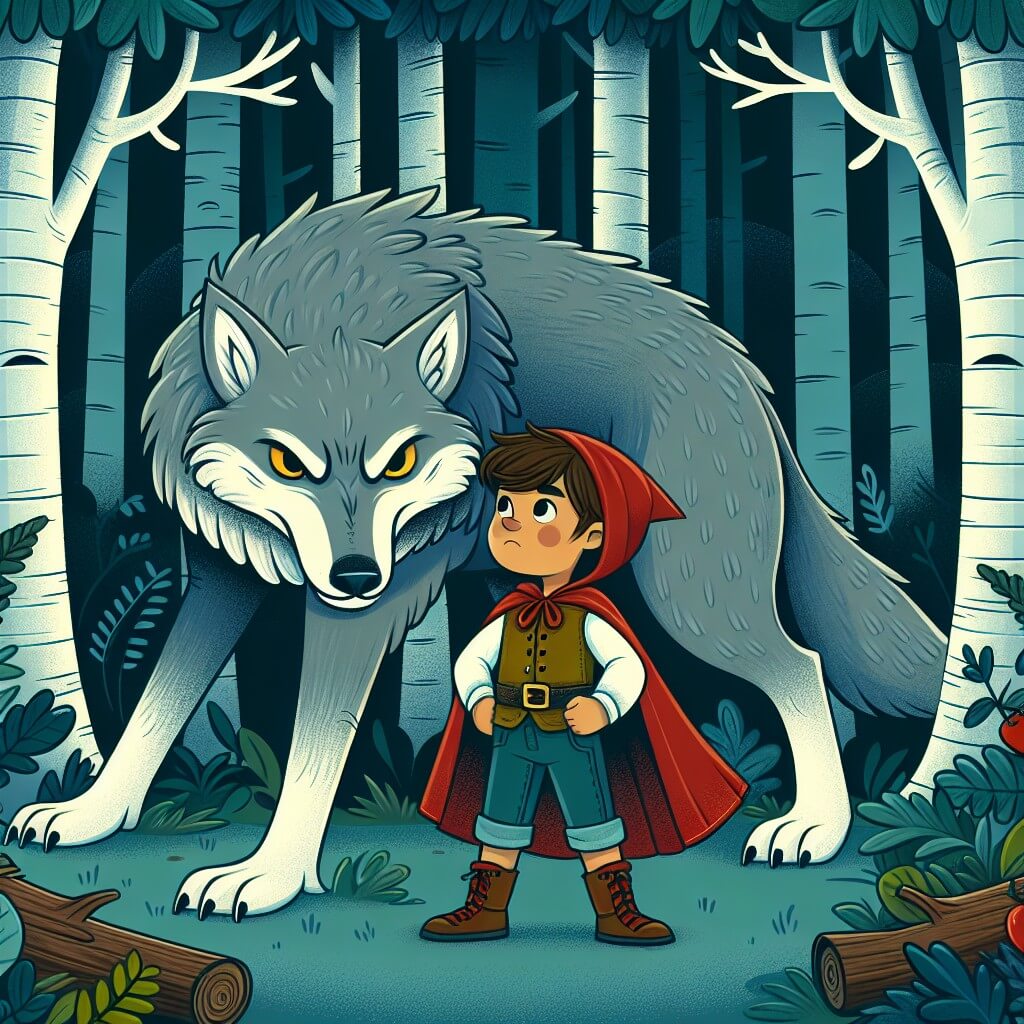 Une illustration destinée aux enfants représentant un petit garçon courageux et intrépide, face à un grand et féroce loup, dans une forêt dense et mystérieuse.