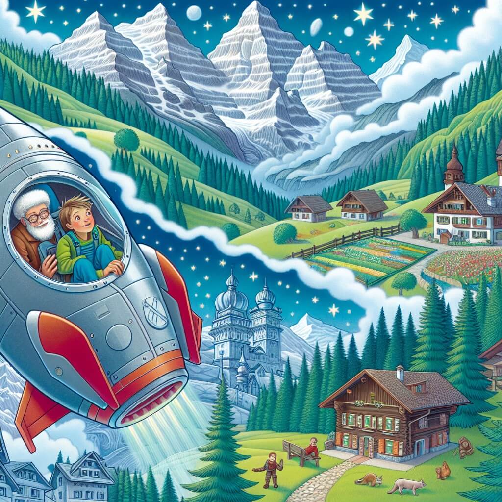 Une illustration destinée aux enfants représentant un jeune homme rêveur, explorant les confins de l'espace à bord d'une navette spatiale fabriquée à partir de carton, avec l'aide d'un abuelo sage, dans un village niché au cœur des montagnes, entouré de majestueux pins verdoyants et de sommets enneigés.