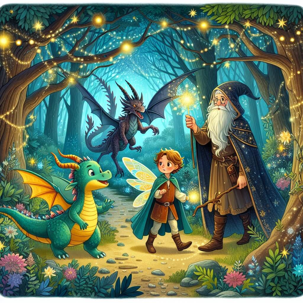 Une illustration destinée aux enfants représentant une fée étincelante, se trouvant dans une mystérieuse forêt enchantée, accompagnée d'un adorable dragonnet, dans une quête pour sauver le royaume des créatures fantastiques des griffes d'un sorcier maléfique.