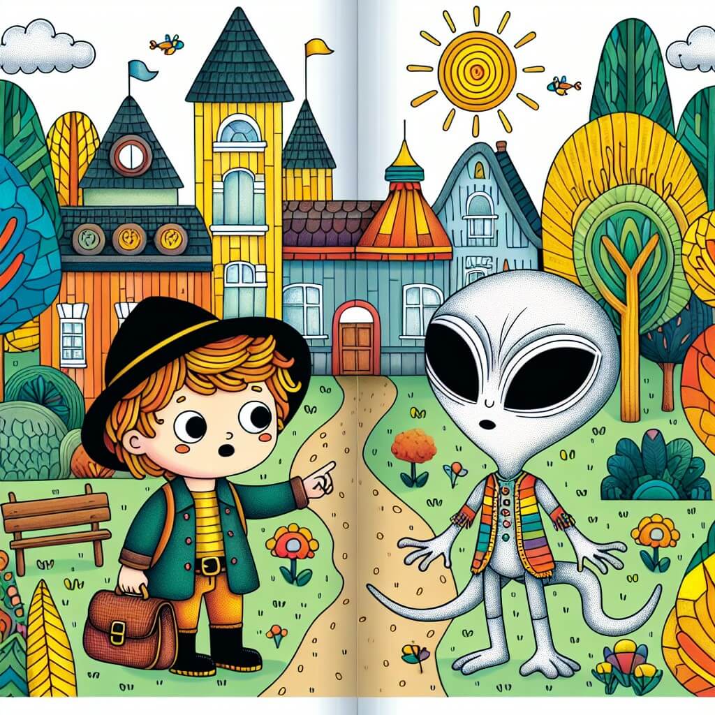 Une illustration destinée aux enfants représentant un petit garçon curieux et aventurier, accompagné d'un étrange ami extraterrestre, vivant des situations loufoques et absurdes dans un charmant petit village entouré d'arbres colorés et d'un parc animé.