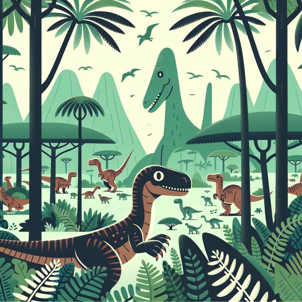 Une illustration destinée aux enfants représentant un vélociraptor intrépide se trouvant au milieu d'une vallée luxuriante de la préhistoire, avec des arbres géants, des fougères gigantesques et des dinosaures de toutes sortes, y compris un éventuel personnage secondaire amical et bienveillant.