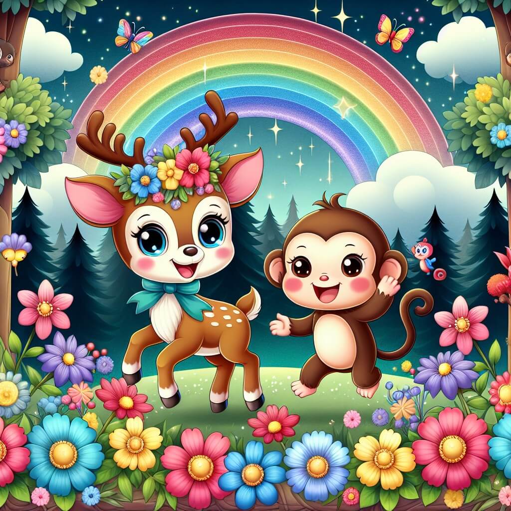 Une illustration destinée aux enfants représentant un renne espiègle, accompagné d'un singe farceur, dans une forêt enchantée remplie de fleurs colorées et d'arcs-en-ciel scintillants.