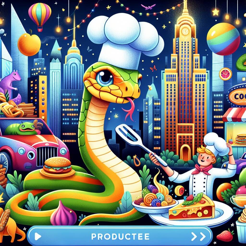 Une illustration destinée aux enfants représentant un serpent rigolo et curieux qui se retrouve par hasard dans une cuisine luxueuse d'un grand restaurant de la ville, entouré d'un chef avec un grand chapeau de chef et des plats délicieux, dans un décor coloré et animé avec des rascacielos, des voitures et des lumières lumineuses.
