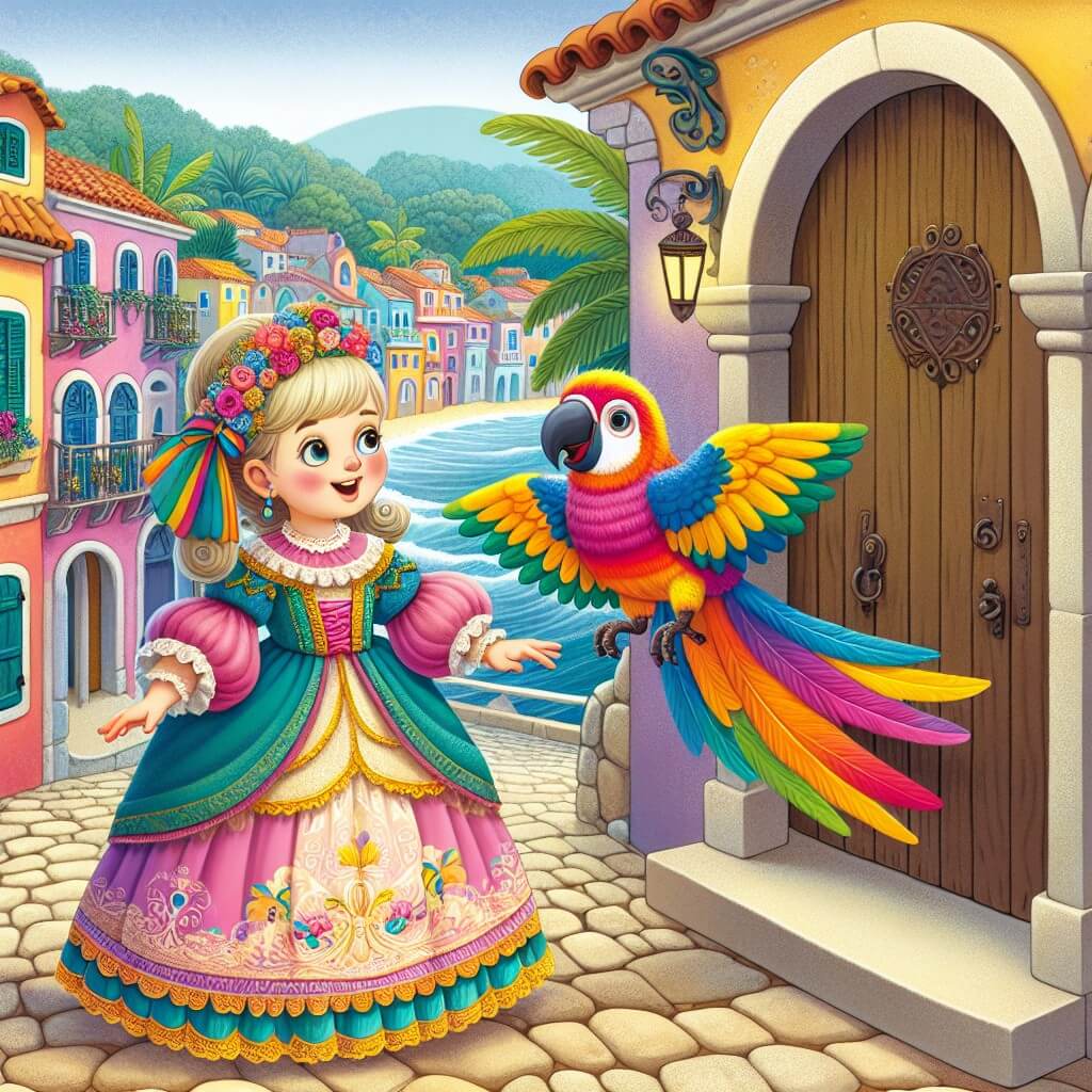 Une illustration destinée aux enfants représentant une petite fille vêtue d'un magnifique costume de princesse, découvrant une mystérieuse porte dans une ruelle étroite, accompagnée d'un joyeux perroquet multicolore, dans un village côtier bordé de maisons colorées et de palmiers se balançant doucement au rythme de l'océan.
