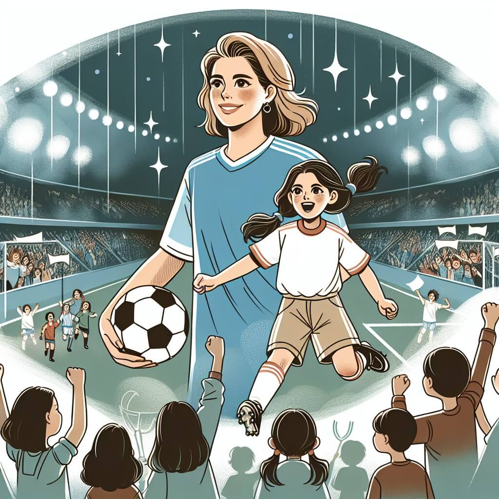 Une illustration destinée aux enfants représentant une joueuse de football passionnée, vivant son rêve de devenir professionnelle, accompagnée de son idole, dans un stade magnifique, entourées de supporters enthousiastes.