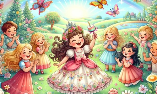 Une illustration destinée aux enfants représentant une petite fille pleine de joie, entourée de ses amis et de sa famille, célébrant son anniversaire dans un jardin enchanté rempli de fleurs colorées, papillons virevoltants et un arc-en-ciel brillant dans le ciel.