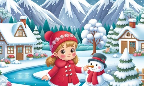 Une illustration destinée aux enfants représentant une petite fille aux joues roses, vêtue d'un abrigo rouge vif, qui explore un paisible village d'hiver entouré de majestueuses montagnes enneigées, accompagnée de son fidèle ami, un joyeux bonhomme de neige.