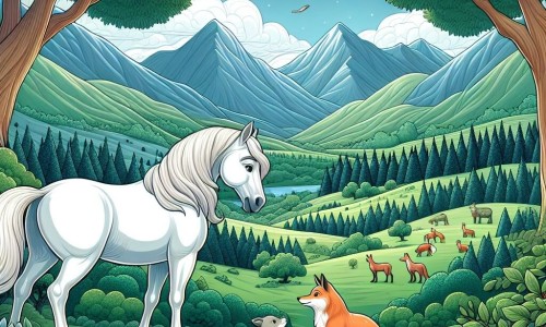 Une illustration destinée aux enfants représentant un majestueux cheval blanc, une situation de sauvetage d'un petit renard, un zorro mâle, dans un vaste et verdoyant vallée entourée de montagnes et de bosquets luxuriants.