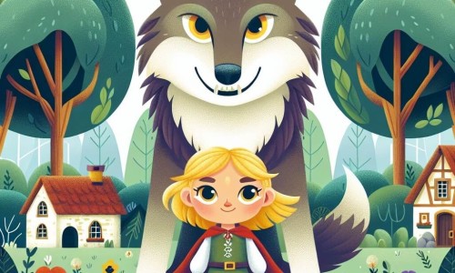 Une illustration destinée aux enfants représentant une petite fille aux cheveux dorés et aux yeux brillants, faisant face à un grand loup féroce dans un paisible village entouré de frondieux bosquets.