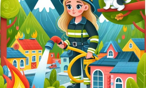 Une illustration destinée aux enfants représentant une jeune femme courageuse devenant pompier, aidant à éteindre un incendie dans un marché coloré entouré de montagnes verdoyantes, avec un chaton curieux observant depuis un arbre.
