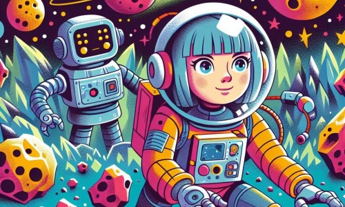 Une illustration destinée aux enfants représentant une jeune femme astronaute, naviguant à travers un champ d'astéroïdes avec l'aide d'un robot compagnon, dans un univers parallèle rempli de couleurs vives et de formes étranges.
