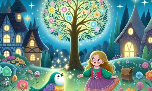 Une illustration destinée aux enfants représentant une fillette curieuse se tenant devant un arbre magique lumineux, accompagnée d'un oiseau coloré et parlant, dans un village enchanté entouré de fleurs et de papillons dansants.