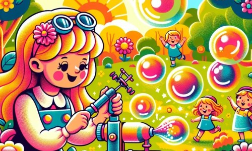 Une illustration destinée aux enfants représentant une jeune femme inventive créant des bulles géantes multicolores avec sa machine magique, sous les regards émerveillés de nombreux enfants au parc ensoleillé rempli de fleurs et d'arbres majestueux.