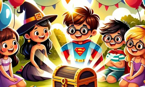 Une illustration destinée aux enfants représentant un garçon en costume de superhéros, entouré de ses amis et d'un coffre au trésor, dans un jardin ensoleillé décoré de ballons colorés et de guirlandes festives pour célébrer son anniversaire.