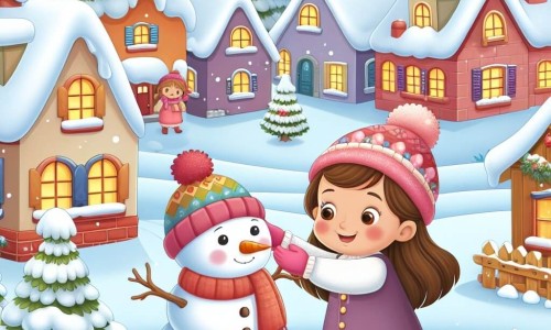 Une illustration destinée aux enfants représentant une jeune fille joyeuse, construisant un muñeco de nieve avec l'aide de son ami, dans un village enneigé entouré de maisons colorées et de grands sapins.