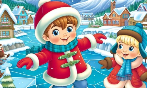 Une illustration destinée aux enfants représentant un jeune garçon, vêtu d'un manteau rouge vif et coiffé d'un bonnet bleu, s'amusant avec son meilleur ami dans un village enneigé, entouré de majestueuses montagnes enneigées et d'un lac gelé étincelant.