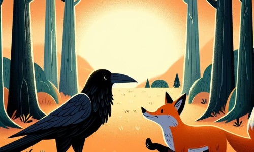 Une illustration destinée aux enfants représentant un corbeau au plumage noir comme l'ébène, faisant face à un renard rusé dans une clairière enchantée du bosque, où les arbres majestueux dansent sous la lumière dorée du soleil couchant.