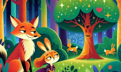 Une illustration destinée aux enfants représentant un malicieux renard mâle, une liebre femelle triste, un bosque encantado con árboles frondosos y un claro brillante donde crece el Árbol de la Generosidad.