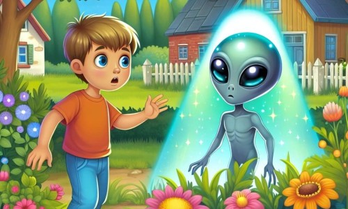 Une illustration destinée aux enfants représentant un garçon curieux découvrant un extraterrestre brillant dans son jardin, accompagné d'un extraterrestre aux yeux grands comme des soucoupes, dans un petit village terrestre entouré de fleurs colorées et d'arbres verdoyants.