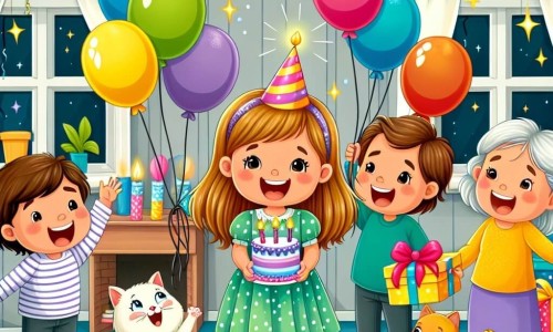 Une illustration destinée aux enfants représentant une petite fille joyeuse fêtant son anniversaire avec sa famille et son chat dans une maison décorée de ballons colorés et guirlandes scintillantes.