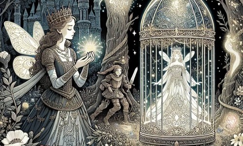 Une illustration destinée aux enfants représentant une princesse courageuse, une fée pleurant dans une cage de cristal, un bosquet enchanté entouré de fleurs lumineuses et d'arbres majestueux.