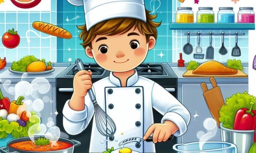 Une illustration destinée aux enfants représentant un jeune chef cuisinier passionné par la gastronomie, préparant un plat innovant pour impressionner un célèbre chef, dans une cuisine lumineuse et colorée remplie d'ustensiles brillants et d'ingrédients frais.