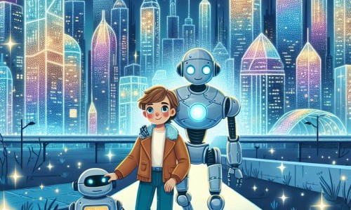 Une illustration destinée aux enfants représentant un garçon courageux vivant dans une ville futuriste, découvrant un robot abandonné avec l'aide de son fidèle compagnon robot, dans la vibrante et scintillante NeoAventura, où les bâtiments brillent de mille feux et les hologrammes dansent dans le ciel.