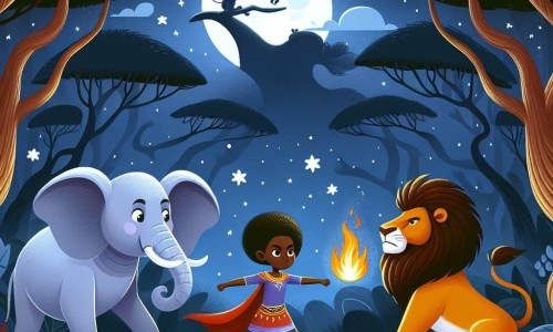 Une illustration destinée aux enfants représentant une jeune femme courageuse affrontant un lion de feu, accompagnée d'un éléphant blanc sage, dans le mystérieux Bosque Encantado de la savane africaine, sous un ciel étoilé scintillant.