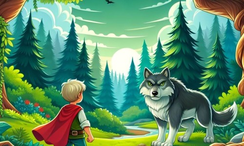 Une illustration destinée aux enfants représentant un courageux garçon face à un grand loup menaçant dans une clairière enchantée entourée de majestueux arbres verdoyants.