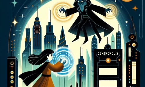 Une illustration destinée aux enfants représentant une jeune fille courageuse aux cheveux noirs comme la nuit, affrontant un vilain sorcier maléfique aux pouvoirs sombres, dans la cité futuriste de Centropólis, où les lumières électriques brillent comme des étoiles.