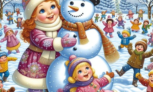 Une illustration destinée aux enfants représentant une fillette joyeuse, accompagnée de sa maman, construisant un magnifique muñeco de nieve dans un parc enneigé, entouré d'autres enfants qui rient et s'amusent, avec des arbres recouverts de neige et un ciel bleu d'hiver en toile de fond.