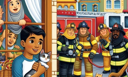 Une illustration destinée aux enfants représentant un jeune homme courageux rêvant de devenir pompier, sauvant un chaton coincé dans une fenêtre, entouré de son équipe de pompiers, dans un village pittoresque avec des maisons colorées et un camion rouge vif.