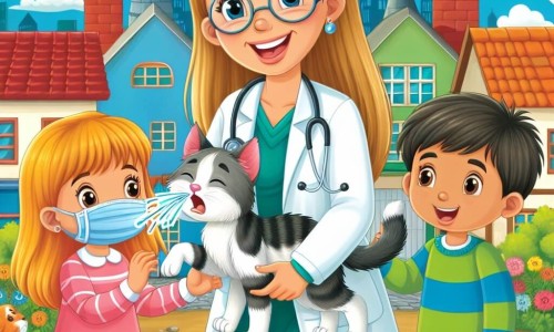 Une illustration destinée aux enfants représentant une médecin au sourire radieux, venant en aide à un chaton éternuant, accompagnée de deux enfants curieux, dans un village coloré et animé appelé Villa Esperanza.