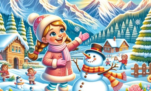 Une illustration destinée aux enfants représentant une petite fille joyeuse, entourée de montagnes enneigées, qui découvre l'arrivée de l'hiver et s'amuse avec son amie à construire un muñeco de nieve dans son joli jardin.