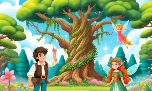 Une illustration destinée aux enfants représentant un homme courageux se tenant devant un majestueux arbre ancien, accompagné d'un charmant hada brillant, dans la Selva Encantada, une forêt enchantée aux arbres aux couleurs vives et aux fleurs scintillantes.