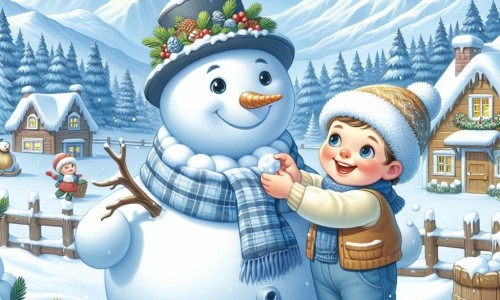 Une illustration destinée aux enfants représentant un jeune garçon joyeux, accompagné de son meilleur ami, en train de construire un grand muñeco de nieve dans un paisible village hivernal entouré de montagnes enneigées.