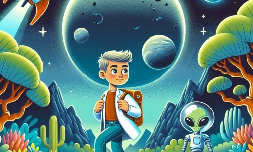 Une illustration destinée aux enfants représentant un homme scientifique intrépide, accompagné d'une civilisation extraterrestre avancée, explorant un planète inconnue aux paysages lumineux et mystérieux.
