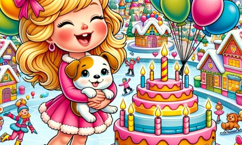 Une illustration destinée aux enfants représentant une petite fille joyeuse, entourée de ballons colorés, accompagnée d'un adorable chien, dans un village animé avec des maisons aux toits en forme de cupcakes et une grande fontaine en forme de gâteau d'anniversaire, où se déroule une compétition de patinage.