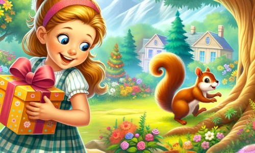 Une illustration destinée aux enfants représentant une niña pequeña, pleine de joie, qui cherche son cadeau d'anniversaire dans un magnifique jardin rempli de fleurs colorées et d'arbres majestueux, avec une ardilla espiègle comme personnage secondaire.