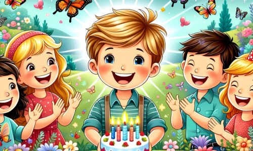 Une illustration destinée aux enfants représentant un niño pequeño avec un sourire radieux, entouré de ses amis et de sa famille, célébrant joyeusement son cumpleaños dans un jardin enchanté rempli de fleurs colorées et de papillons virevoltants.