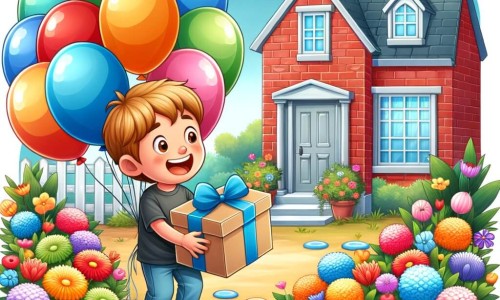 Une illustration destinée aux enfants représentant un petit garçon avec un sourire radieux, entouré de ballons colorés, découvrant un mystérieux paquet devant une maison aux murs en briques rouges et un jardin rempli de fleurs multicolores.